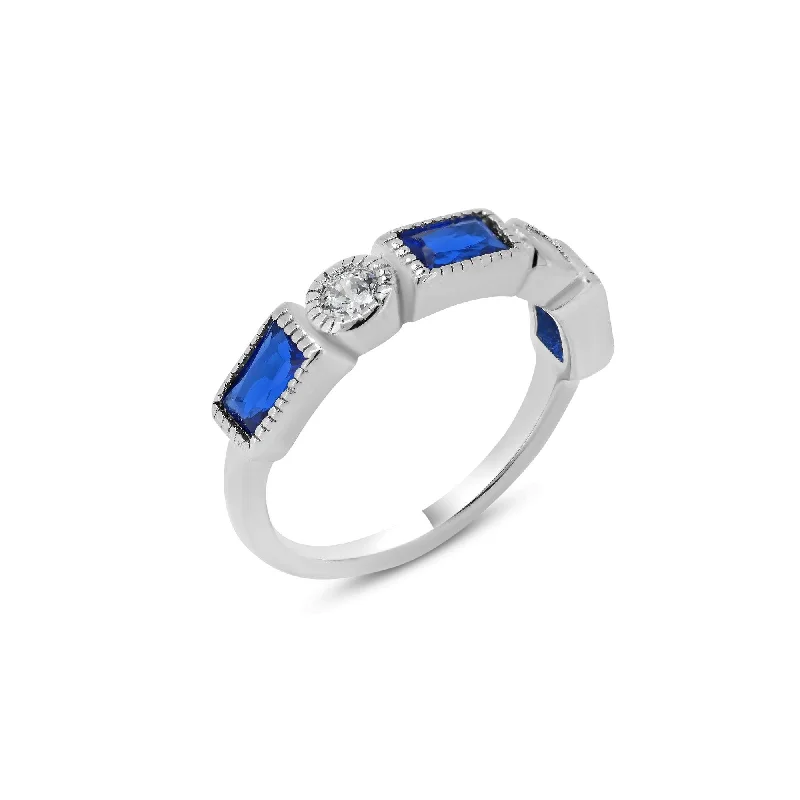 Beautiful Engagement Ring Sets-Rhodium Plated 925 Sterling Silver Alternating Blue Rectangle and Clear Round CZ Ring - BGR01111BLU