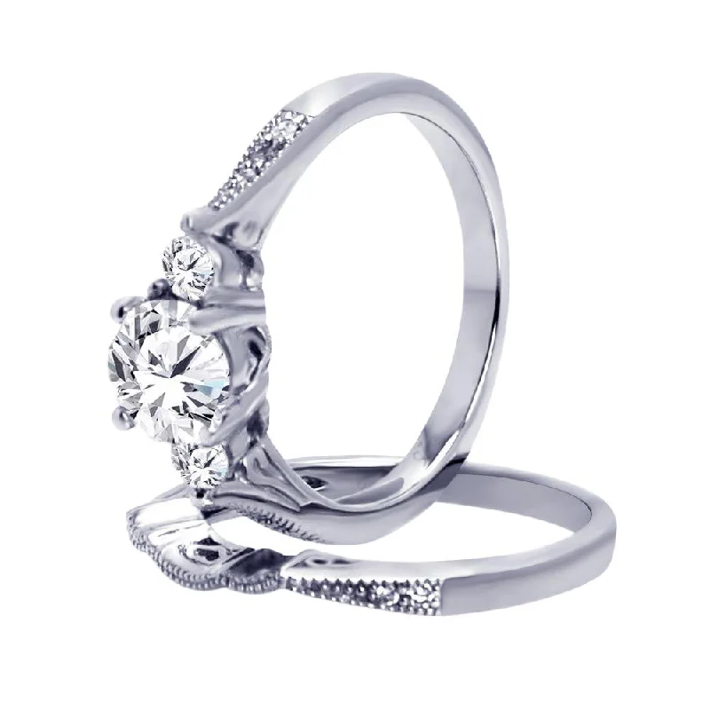 Vintage Engagement Rings-Silver 925 Rhodium Plated CZ Bridal Engagement Ring Set - ACR00027