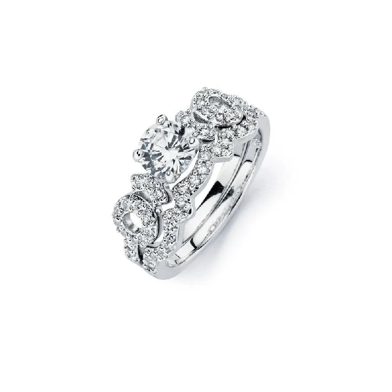 Unique Wedding Bands-Silver 925 Rhodium Plated Clear Round Center CZ Bridal Engagement Ring Set - BGR00590