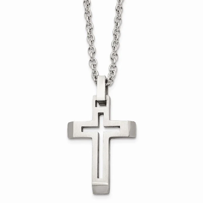 Simple Choker Necklaces-Stainless Steel Polished and Brushed Cut-out Cross Necklace