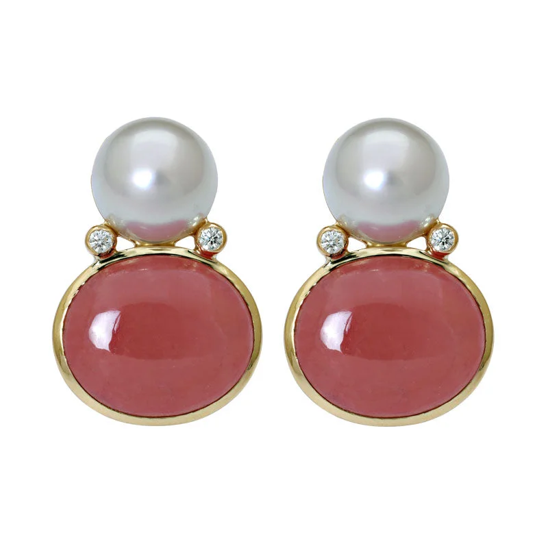 Round Drop Earrings-Earrings-Rhodocrosite, South Sea Pearl and Diamond