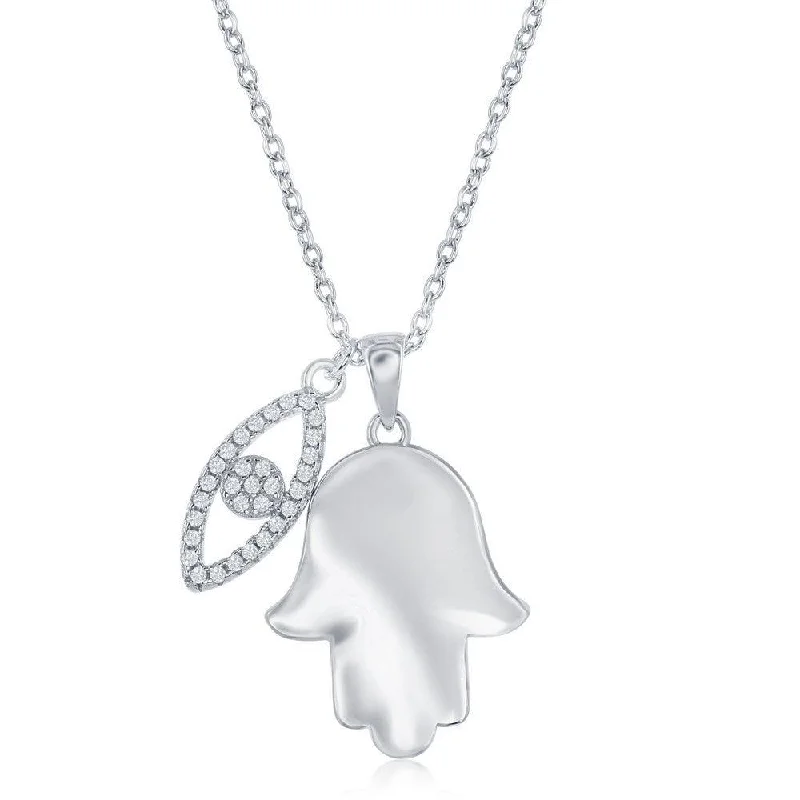 Fashionable Layered Necklaces-Sterling Silver Shiny Hamsa with CZ Evil Eye Necklace