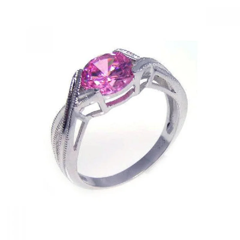 Trendy Engagement Rings-Silver 925 Rhodium Plated Round Pink Center CZ Solitaire Ring - STR00533