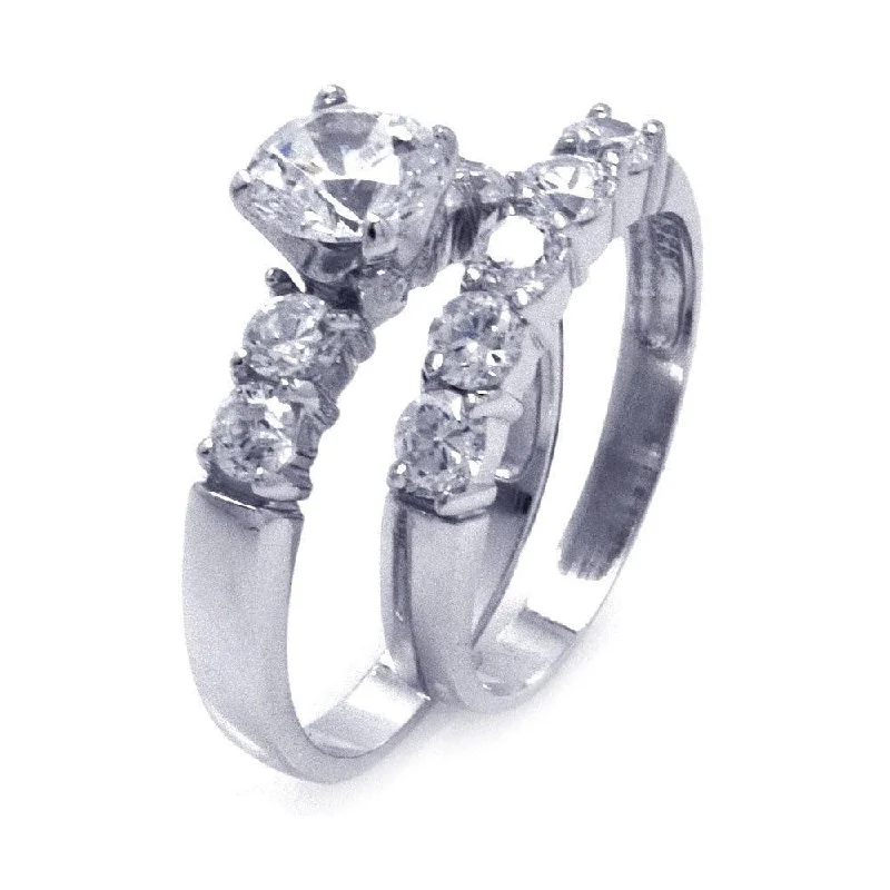 Adjustable Wedding Bands-Silver 925 Rhodium Plated CZ Matching Ring Pair Set - STR00776