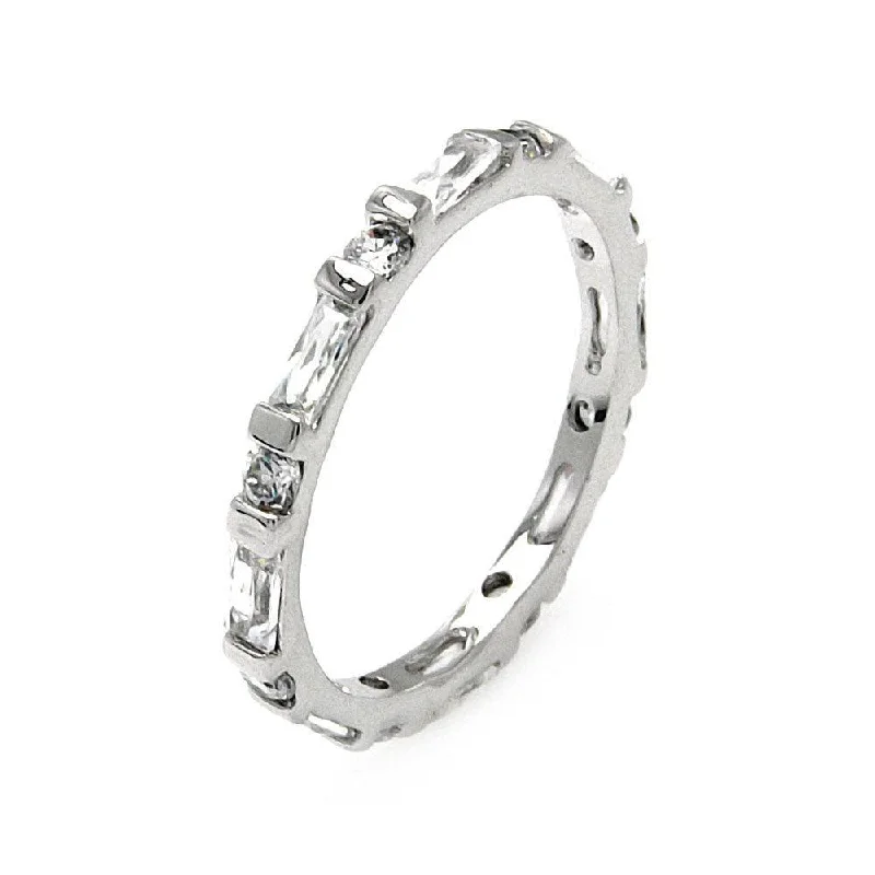 Fashionable Rings for Women-Silver 925 Rhodium Plated Clear Round and Baguette CZ Stackable Eternity Ring - BGR00556