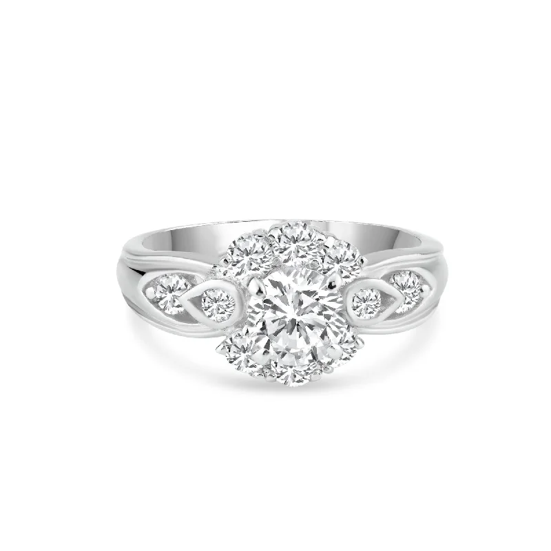 Classic Engagement Ring Bands-Silver 925 Rhodium Plated Clear Center and Cluster CZ Flower Ring - BGR00729