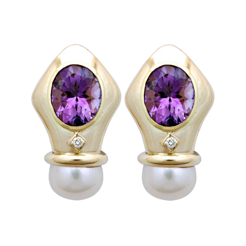 Stylish Stud Earrings-Earrings-Amethyst, Pearl and Diamond