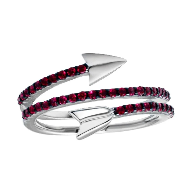 Diamond Engagement Rings-Rhodium Plated 925 Sterling Silver Wrap Arrow Red CZ Ring - BGR01189RED