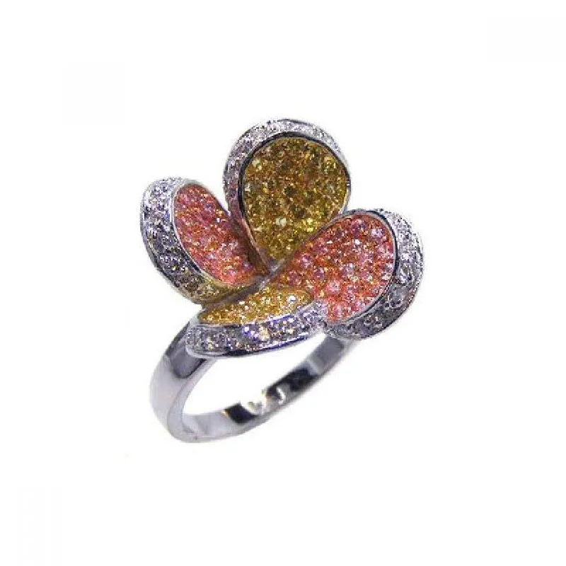 Colorful Engagement Rings-Clearance-925 Sterling Silver Three Toned Multi-Color CZ Flower Ring - BGR00040