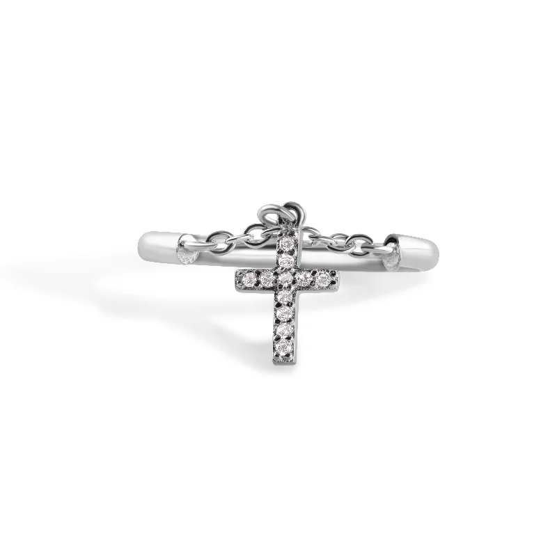 Unique Diamond Rings-925 Sterling Silver Nickel Free Rhodium Plated Half Ring Chain Dangling Cross Clear CZ Ring - STR01015