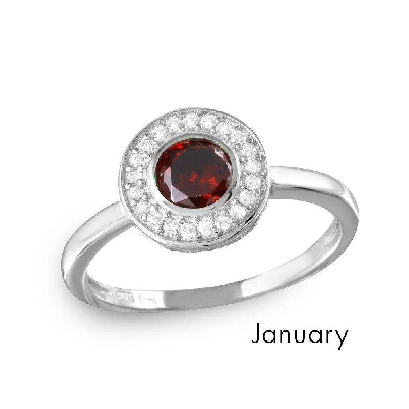 Gold Diamond Rings-January Sterling Silver 925 Rhodium Plated CZ Center Birthstone Halo Ring - BGR01082JAN