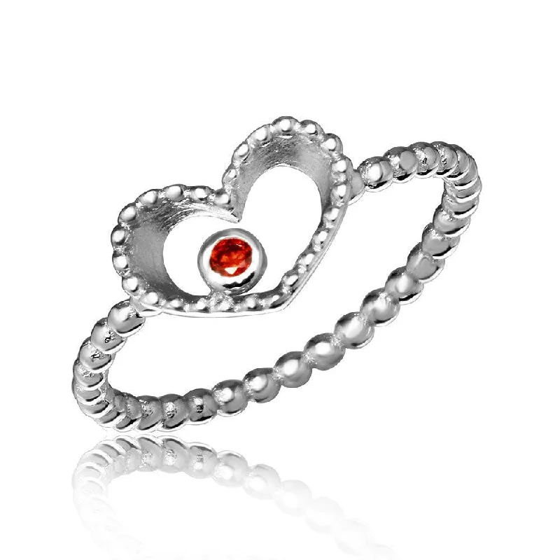 Matching Gold Wedding Rings-Silver 925 Rhodium Plated Open Heart Ring with Red CZ - STR01055