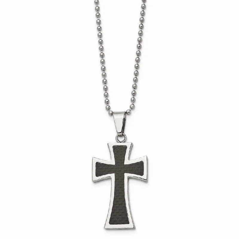 Artistic Silver Necklaces-Stainless Steel Polished Carbon Fiber Inlay 22in Cross Necklace