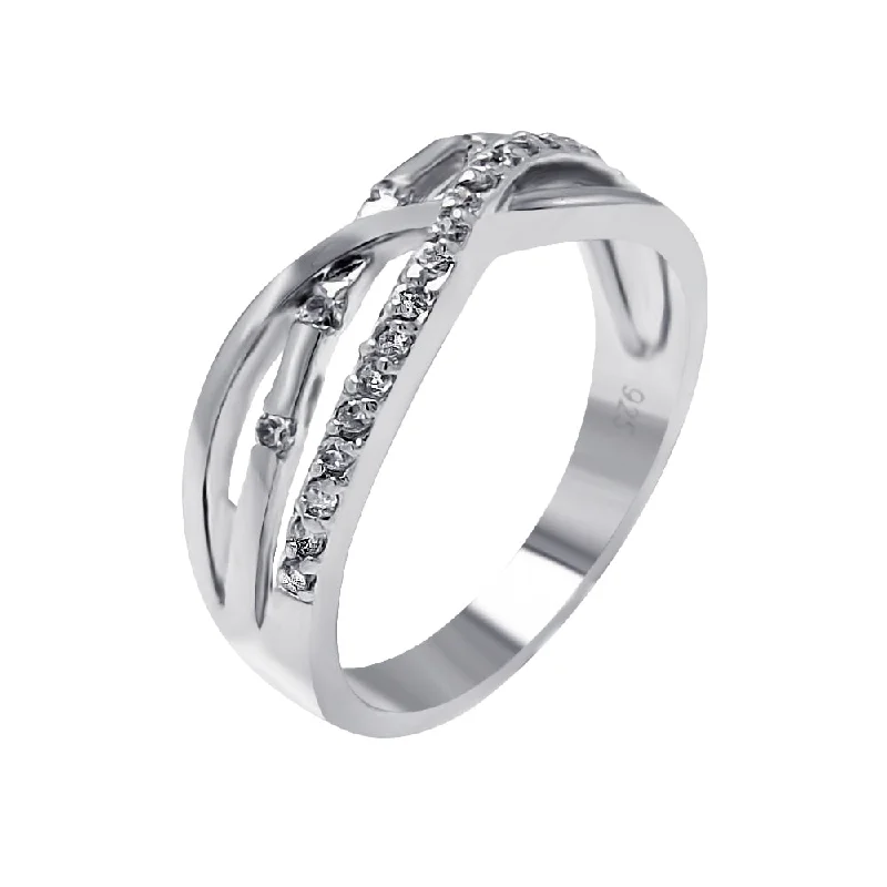 Large Wedding Rings-Silver 925 Rhodium Plated Clear CZ 3 Row Overlap Ring - BGR00510