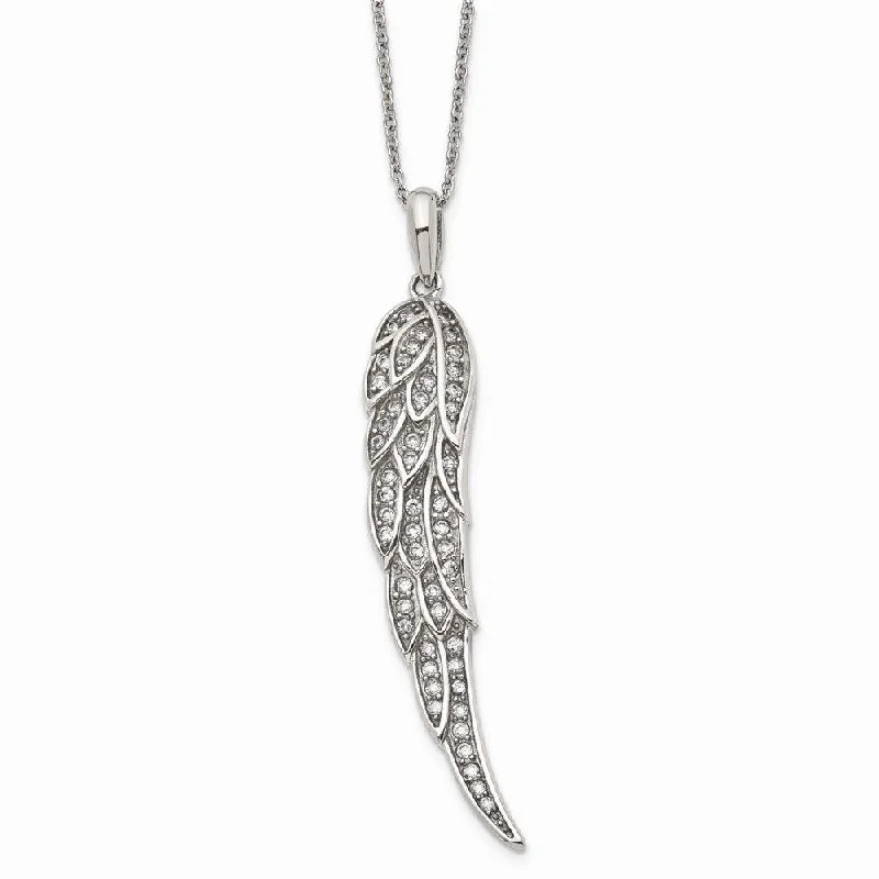 Personalized Diamond Necklaces-Stainless Steel Polished CZ Wing Pendant with 2in extension Necklace