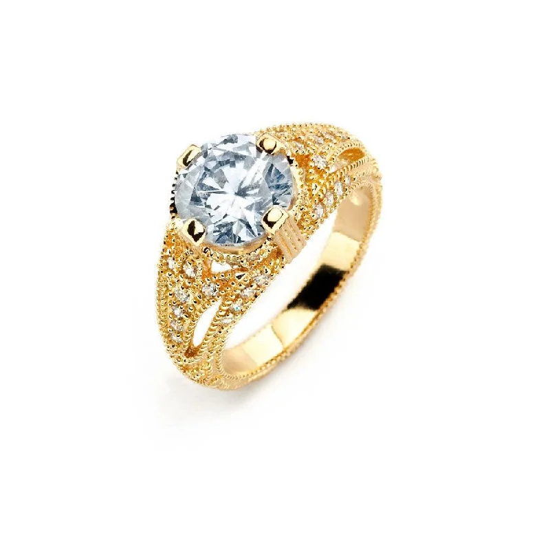 Customizable Rings for Women-Silver 925 Gold Plated Clear Center CZ Bridal Ring - BGR00740