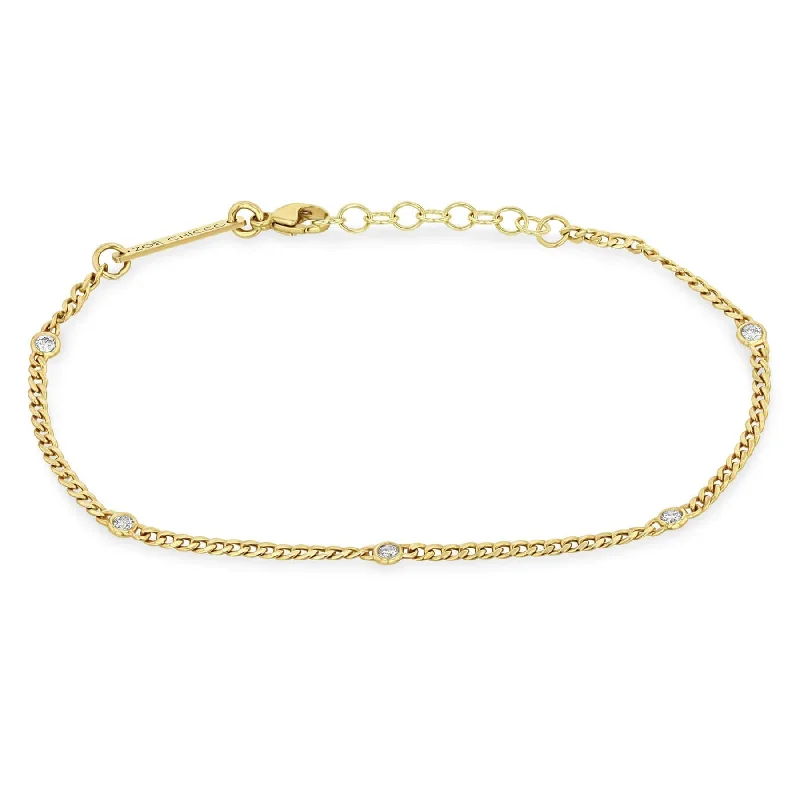 Designer Gemstone Bracelets-14k Extra Small Curb Chain Bracelet with 5 Floating Diamonds