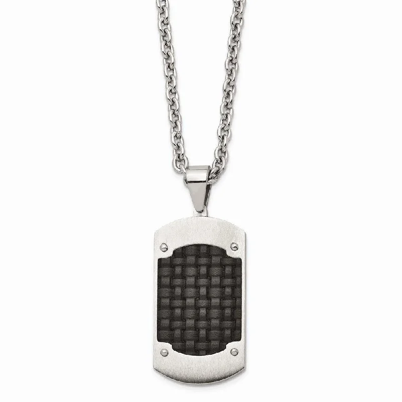 Personalized Gemstone Necklaces-Stainless Steel Brushed Black Leather Dogtag Necklace