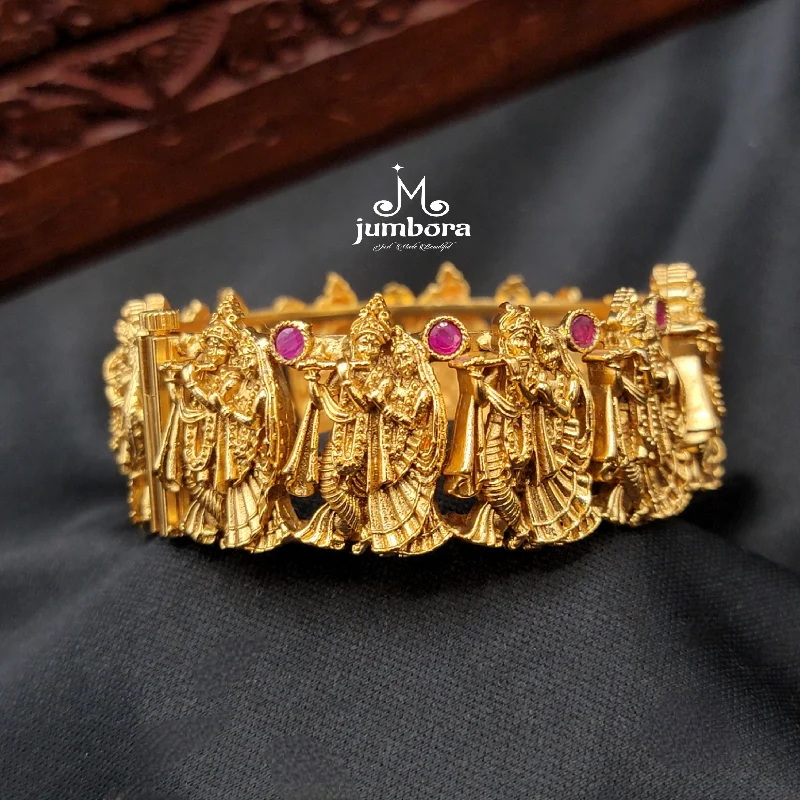 Luxury Bangle Bracelets-Antique Gold Openable Radha Krishna Bangle Bracelet