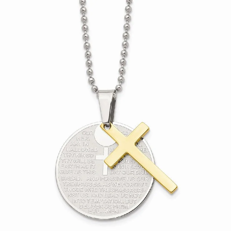 Classic Silver Chain Necklaces-Stainless Steel Brushed/Polished Yellow IP Lords Prayer Cross Necklace