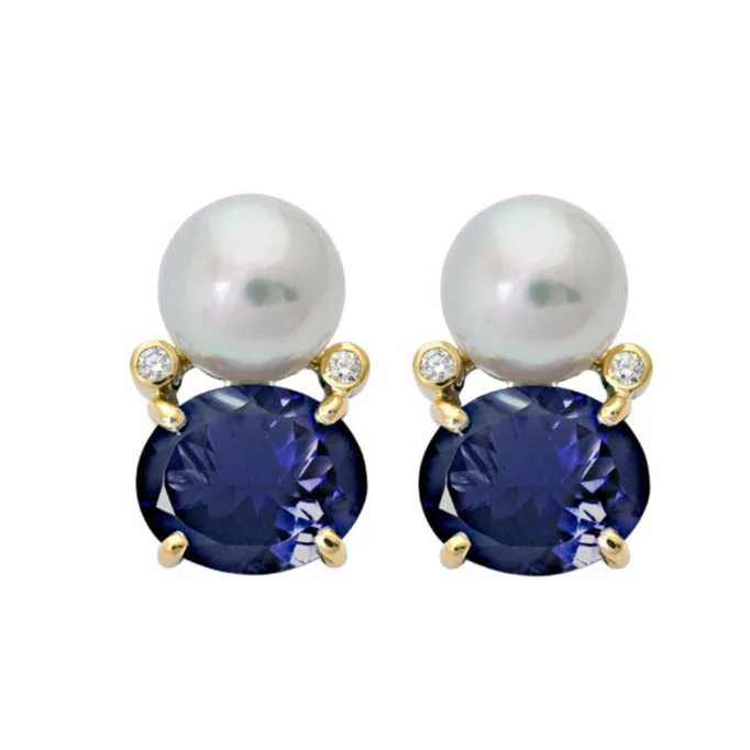 Large Dangle Earrings-Earrings- Iolite, South Sea Pearl and Diamond