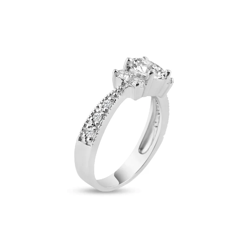 Designer Diamond Rings-Silver 925 Rhodium Plated Oval Center Pave Clear CZ Engagement Ring - AAR0003CLR