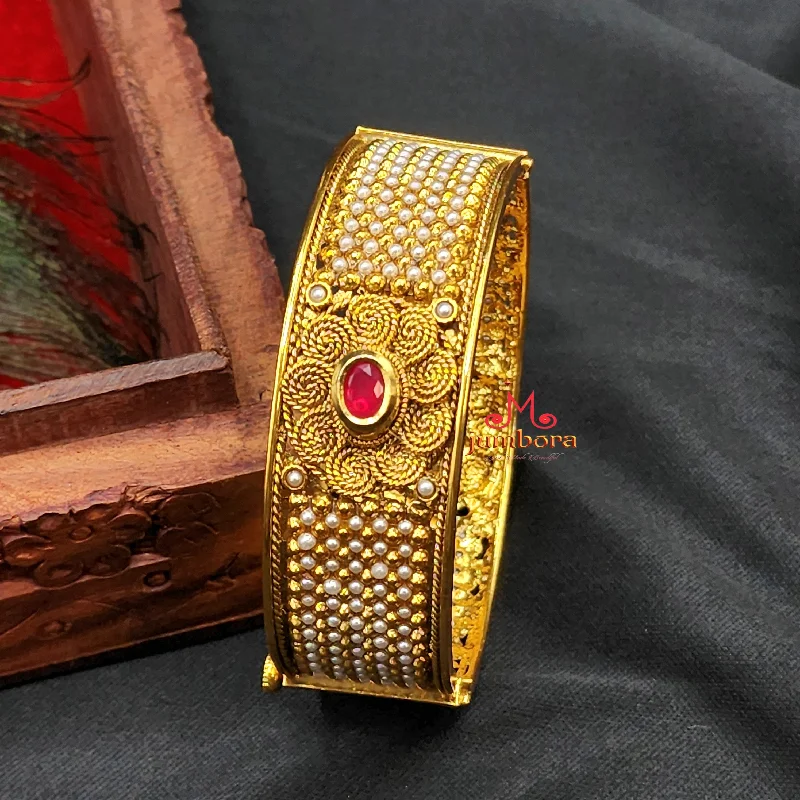 Diamond Bangle Sets-Antique Gold Openable Pearl Kundan Bangle Bracelet