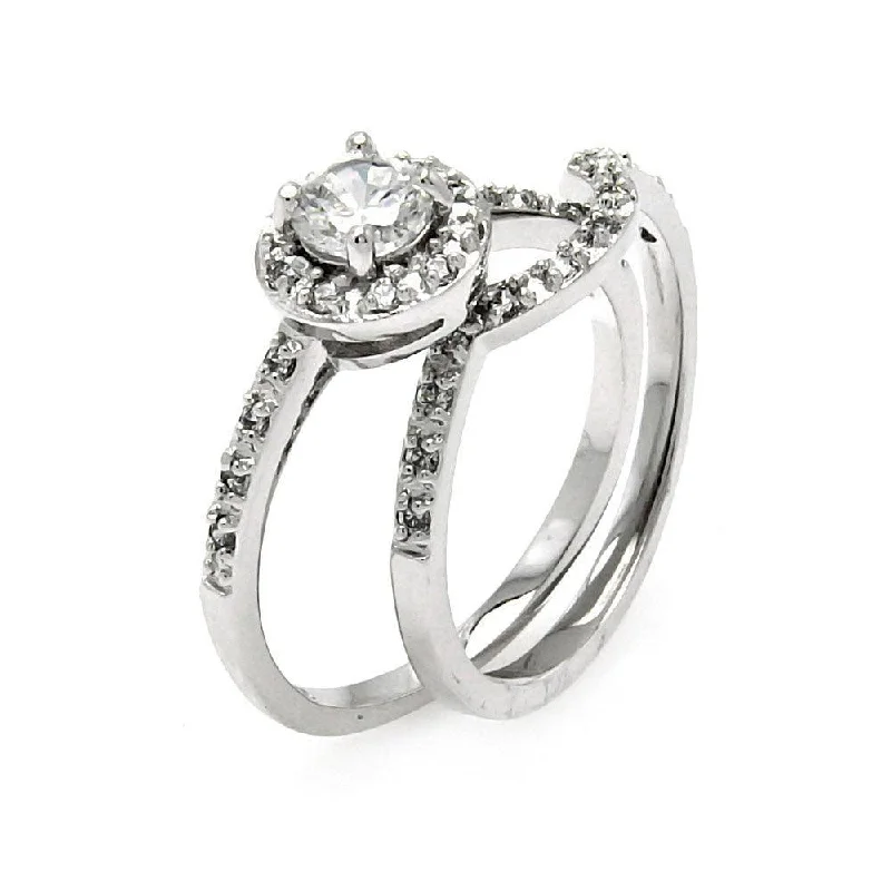 Beautiful Solitaire Rings-Silver 925 Rhodium Plated Round Center Clear CZ Bridal Ring Set - BGR00454