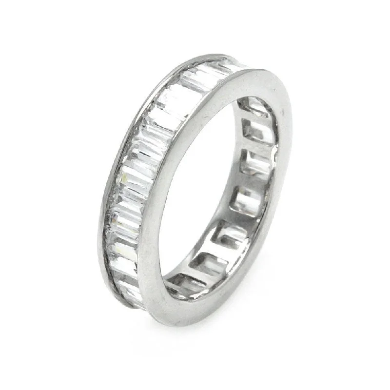 Men’s Wedding Bands-Clearance-Silver 925 Rhodium Plated Channel Set Baguette CZ Stackable Eternity Ring - STR00124CLR