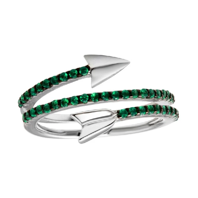 Unique Wedding Ring Bands-Rhodium Plated 925 Sterling Silver Wrap Arrow Green CZ Ring - BGR01189GREEN