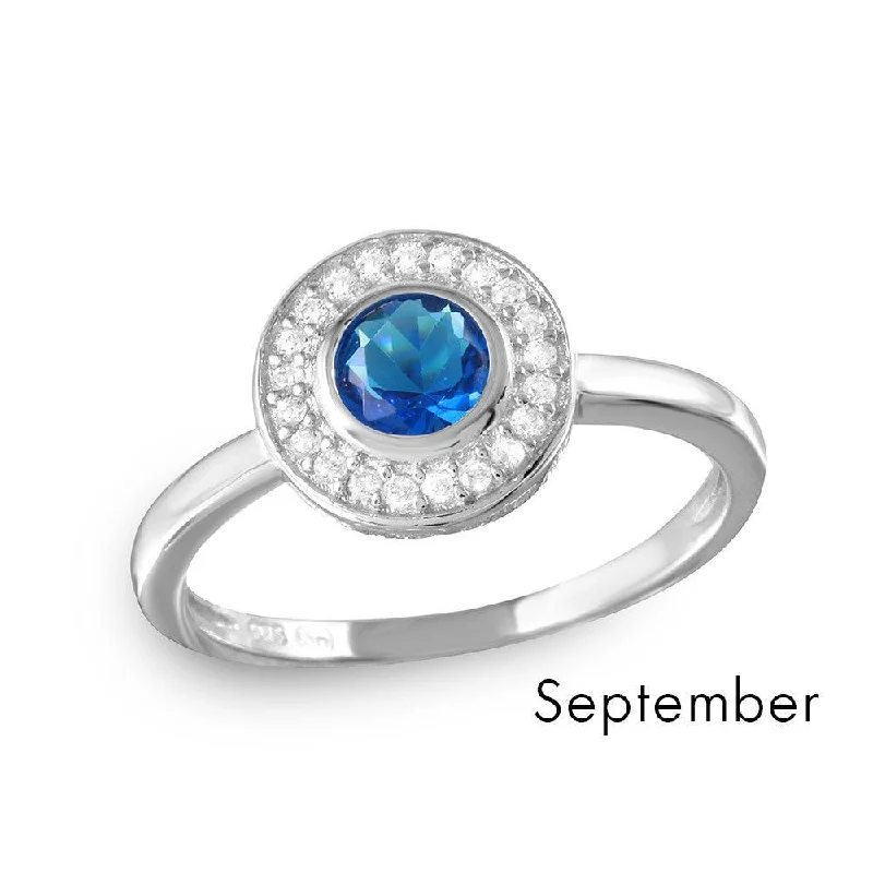 Dainty Silver Rings-September Sterling Silver 925 Rhodium Plated CZ Center Birthstone Halo Ring - BGR01082SEP