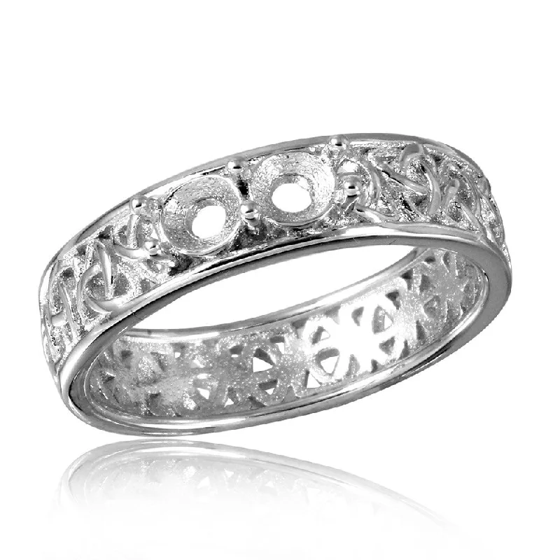 Matching Gold Wedding Rings-Silver 925 Rhodium Plated Celtic Designed Band 2 Stones Mounting Ring - BGR00828