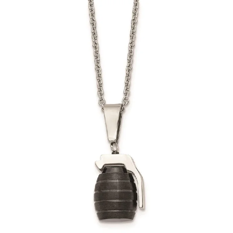 Minimalist Silver Necklaces-Stainless Steel Black IP Grenade Necklace