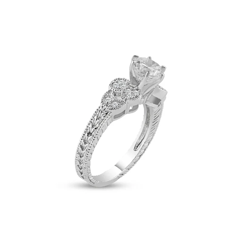 Affordable Wedding Rings-Silver 925 Rhodium Plated Pave Clear Round Center CZ Ring - ACR00020