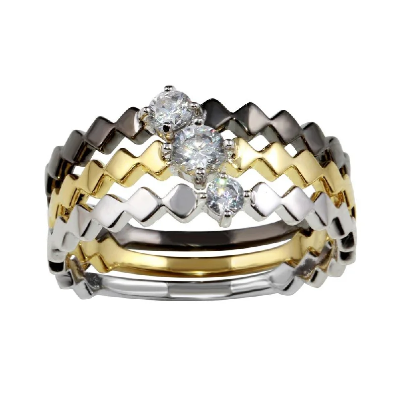 Unique Solitaire Rings-Three-Tone 925 Sterling Silver Stackable Ring Set with CZ - BGR01171