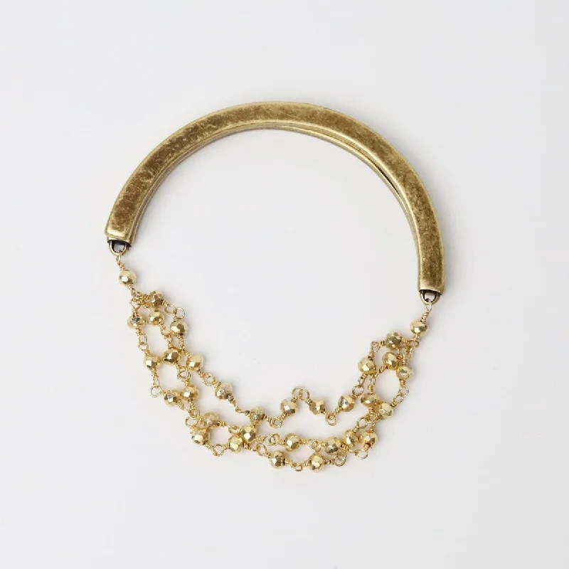 Simple Diamond Link Bracelets-Triple Bead Chain of Gold Coated Pyrite Bracelet