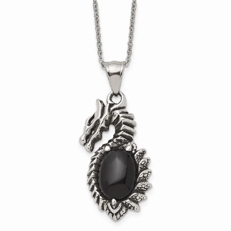 Beautiful Sapphire Necklaces-Stainless Steel Antiqued & Polished w/ Black Glass Dragon Necklace