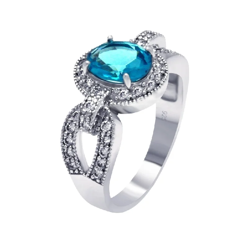 Fashionable Rings for Women-Silver 925 Rhodium Plated Aqua Center and Clear CZ Ring - BGR00370