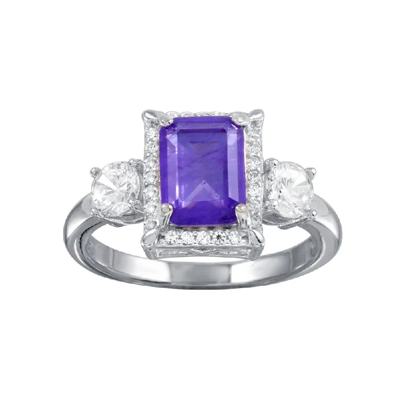 Vintage Style Rings-Rhodium Plated 925 Sterling Silver Purple Center Halo CZ Ring - BGR01270