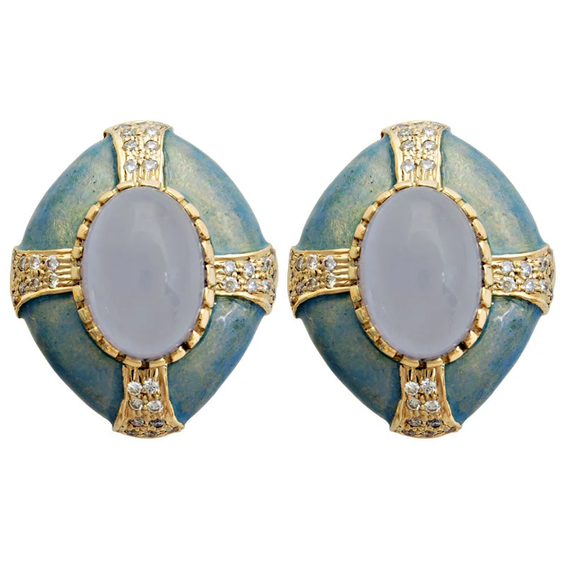 Modern Dangle Earrings-Earrings-Chalcedony and Diamond (Enamel)