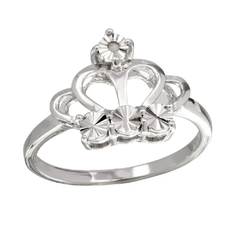 Fine Gold Rings-Rhodium Plated 925 Sterling Silver Diamond Cut Crown Ring - STR01083