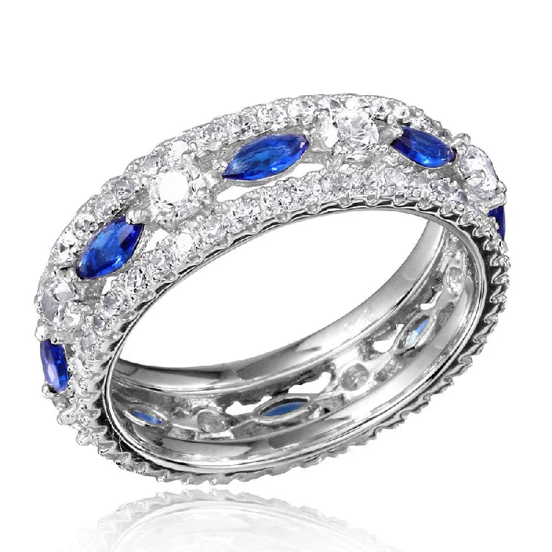 Gold and Silver Rings-Silver 925 Rhodium Plated Band Encrusted with Clear and Blue CZ Stones - GMR00133S