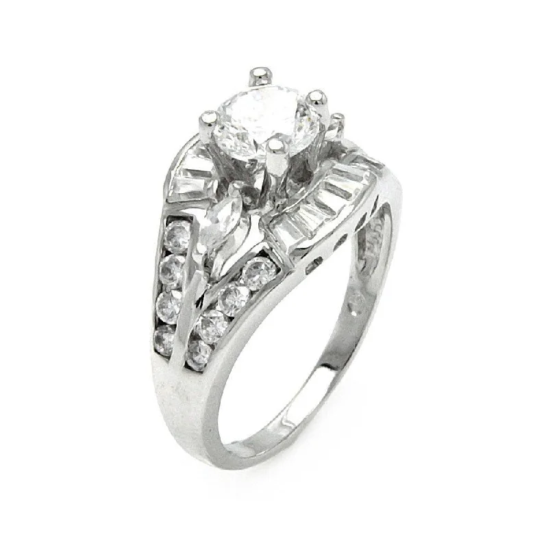 Wedding Ring Sets for Brides-Silver 925 Rhodium Plated Clear Round and Baguette CZ Bridal Ring - BGR00533