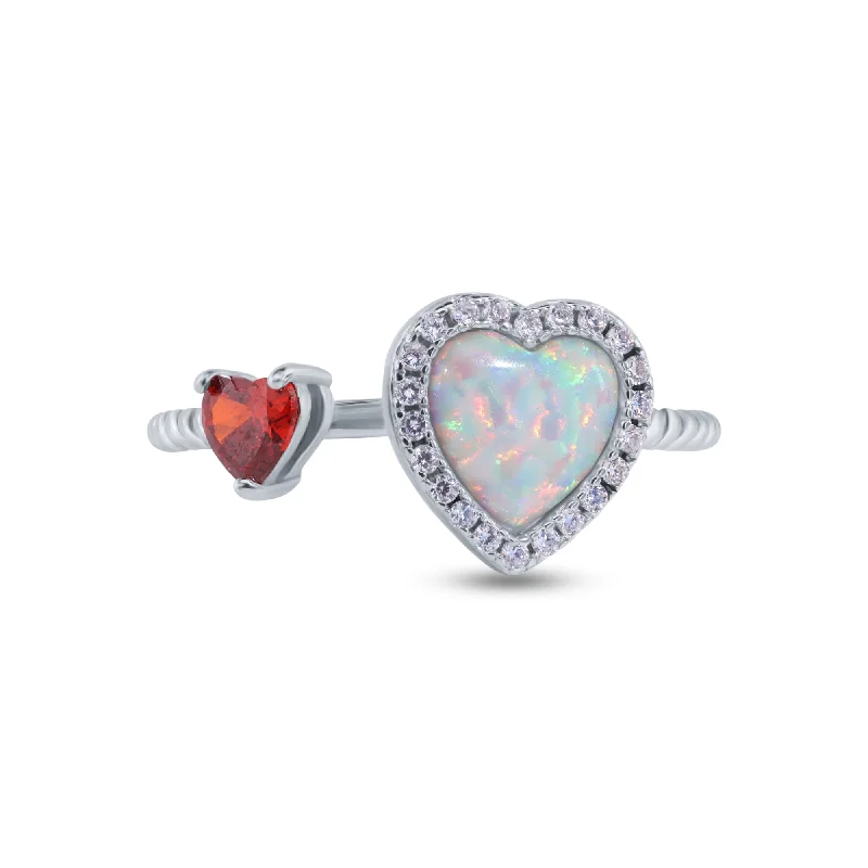 Solitaire Diamond Rings-Rhodium Plated 925 Sterling Silver 2 Hearts Synthetic Opal and Red CZ 1.5mm Ring - BGR01374