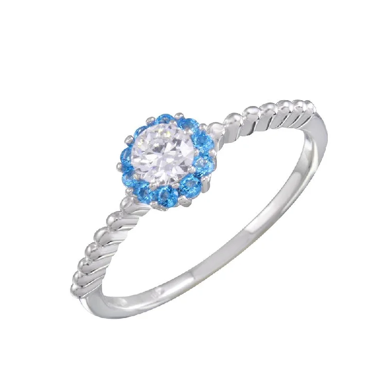 Gold Wedding Bands for Women-Rhodium Plated 925 Sterling Silver Round Blue and Clear CZ Ring - BGR01155