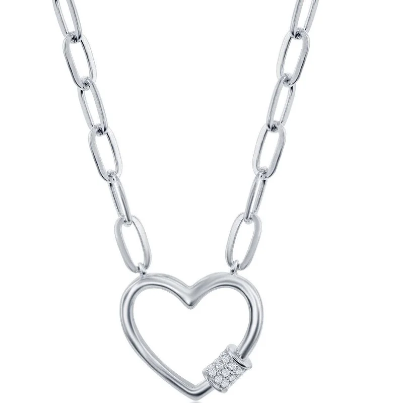 Trendy Heart Necklaces-Classic Women's Necklace - Sterling Micro Pave CZ Heart Carabiner Paperclip | M-6778