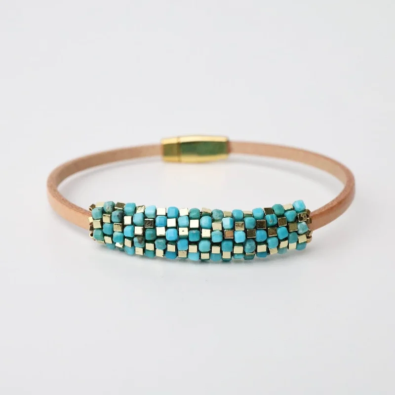 Unique Link Bracelets for Women-Tiny Turquoise & Gold Plated Hematite Leather Bracelet