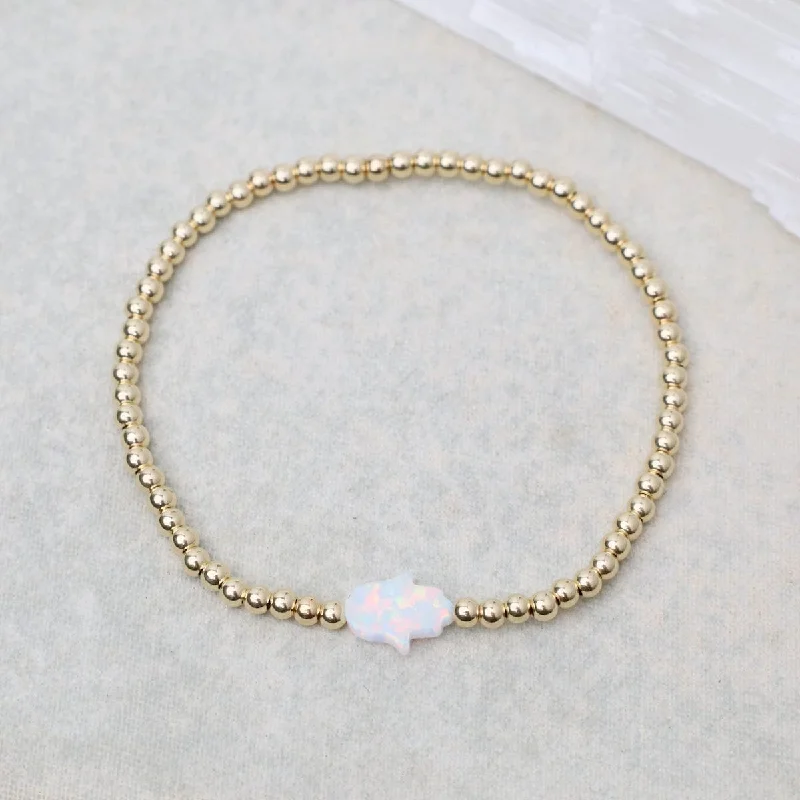 Simple Gold Link Bracelets-White Opal Hamsa Gold Filled Ball Bracelet