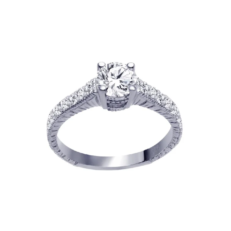 Bridal Rings-Silver 925 Rhodium Plated Pave Round Center CZ Ring - ACR00016