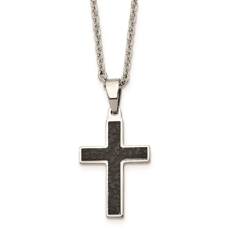 Statement Chain Necklaces-Stainless Steel Polished and Textured Black IP-plated Cross Necklace